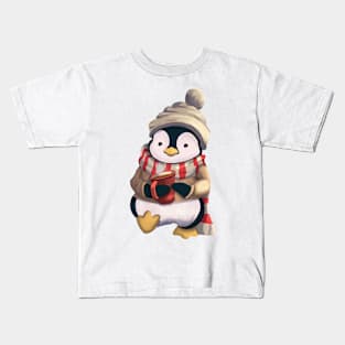 Christmas penguin drinking coffee Kids T-Shirt